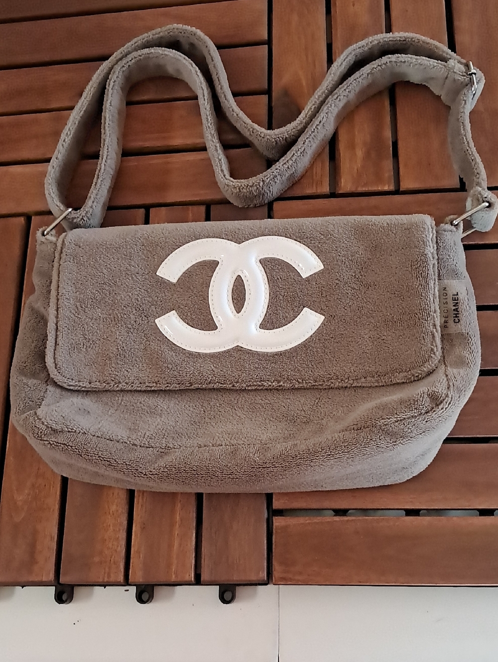 CHANEL Taupe Plush Shoulder Bag with White CC Emblem , GWP